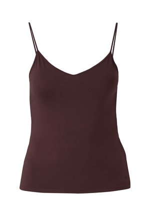 Burgunderrotes Camisole mit dünnen Trägern, V-Ausschnitt, aus glattem Stoff, mit figurbetonter Silhouette und dezentem Markenlogo am Saum.