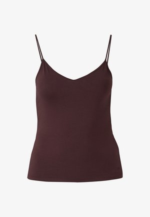 Burgunderrotes Camisole mit dünnen Trägern, V-Ausschnitt, aus glattem Stoff, mit figurbetonter Silhouette und dezentem Markenlogo am Saum.