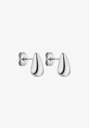 Silberne Tropfen-Stud-Ohrringe mit glatter, polierter Oberfläche und einfachem Steckverschluss-Design. Minimalistische Form und reflektierende Textur.