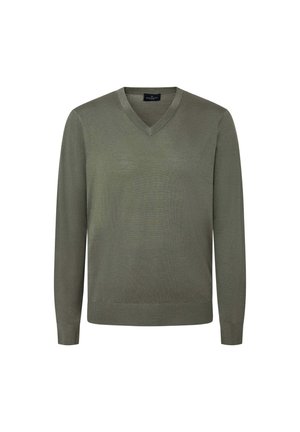 Grön V-ringad tröja i lätt, ribbat tyg med långa ärmar och en figurnära silhuett. Slät struktur och minimalistisk design.