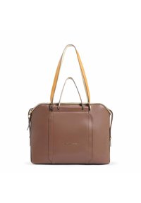 Bruine leren draagtas met twee contrasterende gele riemen. Voorzien van een ritssluiting, hardware in goudkleur en een eenvoudig ontwerp aan de buitenkant.