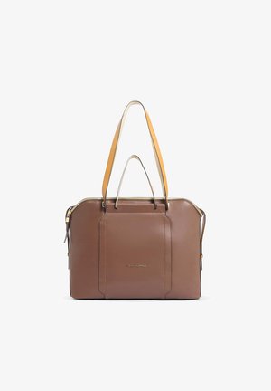 Brown leather tote bag with two contrasting yellow straps. Features a zip closure, gold-tone hardware, and a simple exterior design.