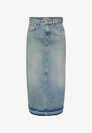 Világoskék farmer midi szoknya elülső és hátsó zsebekkel, egyenes szabással és nyers szegéllyel. Övhurkokkal és cipzáras záródással rendelkezik.