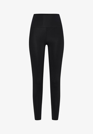 Schwarze Leggings aus dehnbarem Stoff. Hohe Taillenhöhe, glatte Textur, körpernahe Silhouette, keine sichtbaren Muster oder Verzierungen.