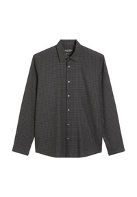 Gekruist button-up overhemd in donkergrijs en zwart. Lange mouwen, kraag en knoopsluiting aan de voorkant. Zachte stof met een gladde textuur.
