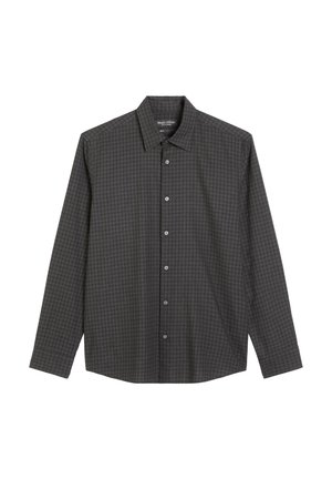 Camisa de cuadros de botón en gris oscuro y negro. Mangas largas, cuello y cierre frontal de botones. Tejido suave con una textura lisa.