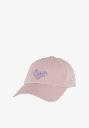 Rosa bomull baseballkeps med en böjd skärm och broderad lavendelfloraldesign på framsidan. Stängningen är på baksidan för storleksjustering.