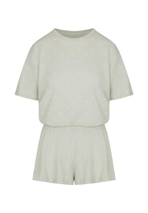 Lichtgroene top met korte mouwen en bijpassende short met elastische tailleband en subtiel klein wit bloemenprint, casual loungewear set.