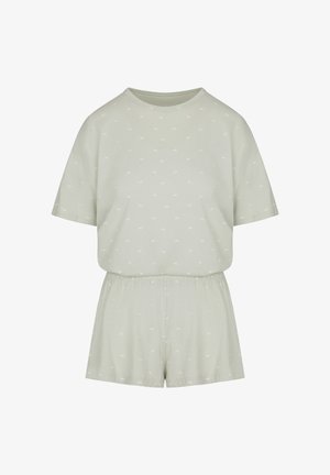 Lichtgroene top met korte mouwen en bijpassende short met elastische tailleband en subtiel klein wit bloemenprint, casual loungewear set.