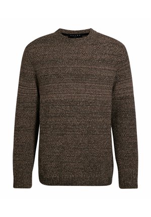 Brown and black marled knit crewneck sweater with long sleeves and ribbed cuffs and hem, size medium.