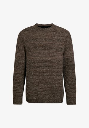 Braun-schwarz melierter Strickpullover mit Rundhalsausschnitt, langen Ärmeln sowie gerippten Bündchen an Ärmeln und Saum, Größe M.