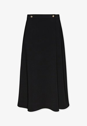 Sort knælang nederdel i et glat stof, med en sideslids og to guldtonede knapper ved taljen. Enkel, klassisk design.