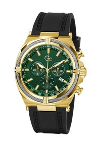 Guld- och svart kronografklocka med grön urtavla, tre underrattar, datumvisning och texturerad svart gummirem. Silverdetaljer på boetten.