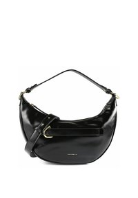 Borsa a spalla in pelle nera dalla forma curva, con dettagli in metallo color oro e chiusura con zip. Dotata di una tracolla lunga removibile.