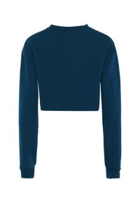 Zkrácená mikina s dlouhým rukávem v tmavě námořnické barvě, s kulatým výstřihem a žebrovanými manžetami. Hladká textura, minimalistický design bez grafik.