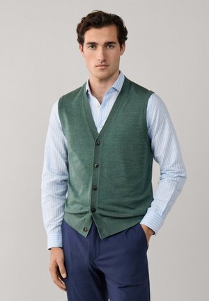 Joven con chaleco verde abotonado sobre camisa azul claro a rayas y pantalones azul marino, de pie con una mano en el bolsillo.