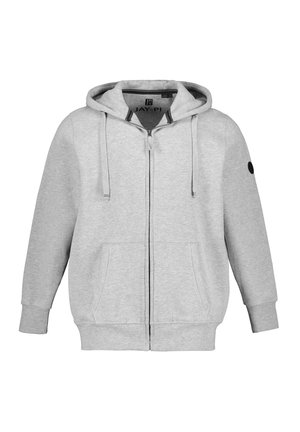 Grå zip-up hoodie med hætte, snoretræk og to frontlommer. Ribbet manchetter og kant, blødt stof og et cirkulært logo på ærmet.