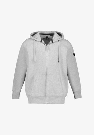 Grå zip-up hoodie med hætte, snoretræk og to frontlommer. Ribbet manchetter og kant, blødt stof og et cirkulært logo på ærmet.