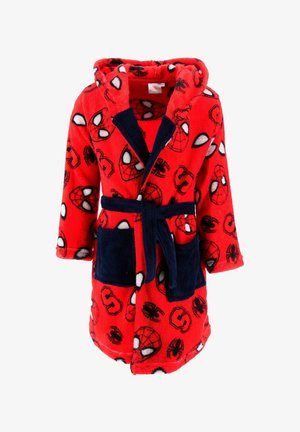 Red children's bathrobe with hood, black belt and pockets, featuring Spider-Man face and spider web patterns.
