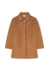 Brązowy płaszcz z mieszanki wełny z kołnierzem, zapięciem na pięć guzików, dwoma bocznymi kieszeniami i teksturowaną tkaniną. O długości do połowy uda i prostym kroju.