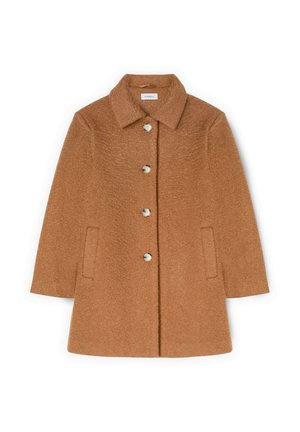 Brun frakke i uldblanding med krave, lukning med fem knapper, to sidelommer og tekstureret stof. Mellemlang og lige snit.