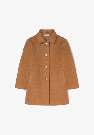Bruine wollen mantel met kraag, sluiting met vijf knopen, twee zijzakken en een gestructureerde stof. Middellange en recht gesneden ontwerp.