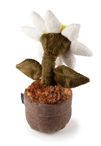 Plush daisy flower with white petals, yellow center, and green stem with leaves in a brown textured fabric pot.