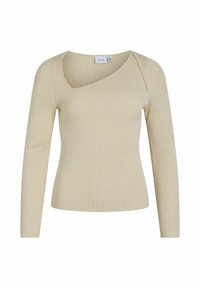 Maglietta a maniche lunghe di colore beige chiaro con texture a coste e scollo asimmetrico. Realizzata in tessuto elasticizzato, dal design aderente. Etichetta visibile.