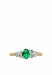 Anello d'oro con un grande gemma verde ovale al centro, affiancato da piccoli diamanti incastonati in griffe d'argento, con una fascia lucidata.