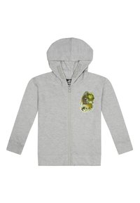Felpa grigia con zip e cappuccio, maniche lunghe e una grafica di un dinosauro con accenti verdi sulla zona del petto. Materiale in cotone morbido.