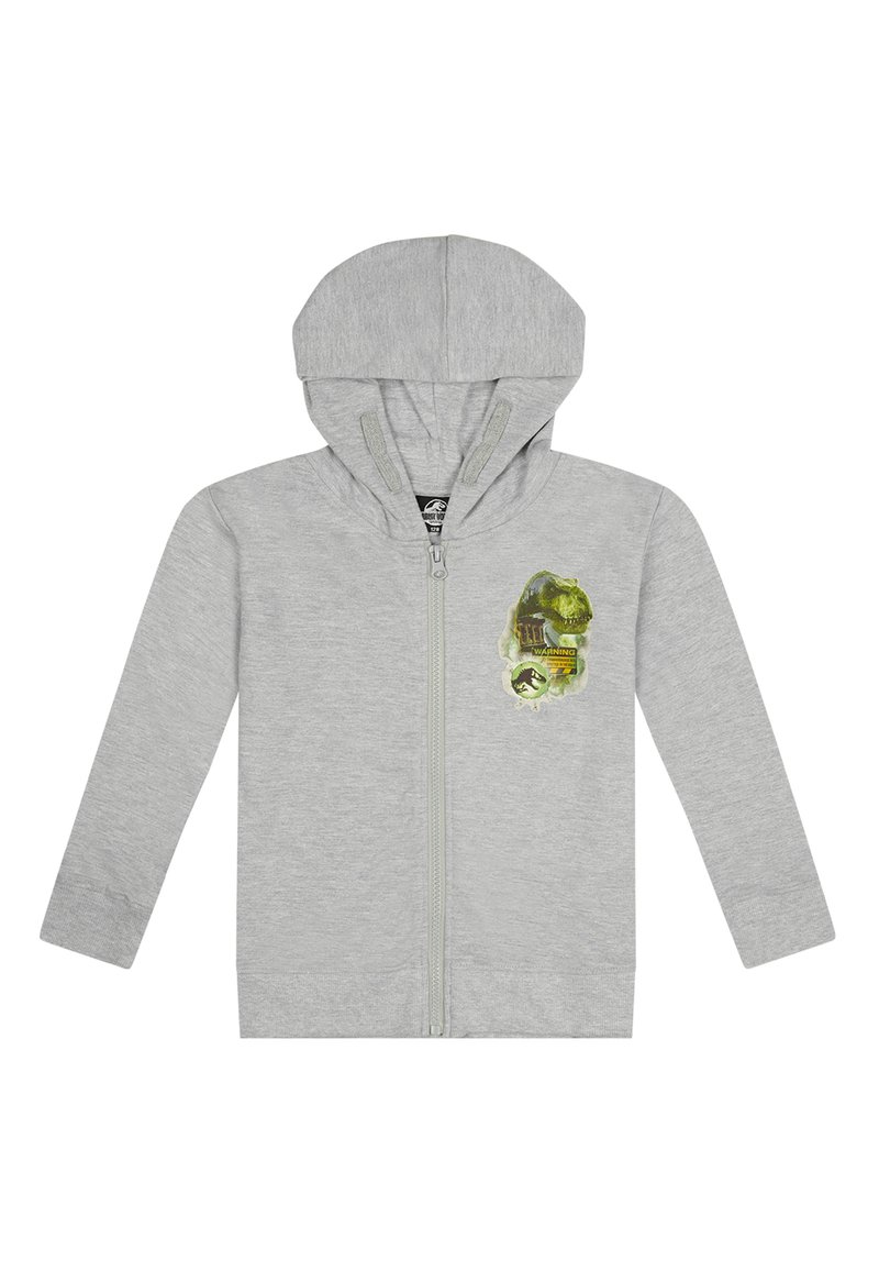 Felpa grigia con zip e cappuccio, maniche lunghe e una grafica di un dinosauro con accenti verdi sulla zona del petto. Materiale in cotone morbido.