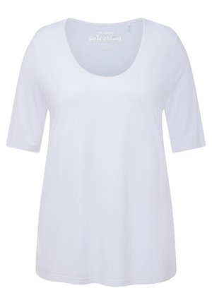 Valkoinen lyhythihainen T-paita pyöreällä kaula-aukolla, valmistettu pehmeästä kankaasta. Ominaisuuksina rento istuvuus ja puhdas siluetti. Ei kuvioita tai korostuksia.