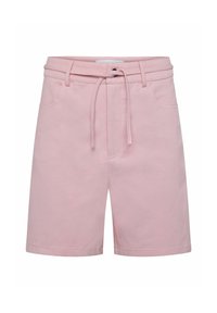 Ljusrosa bomullsshorts med dragsko i midjan, två framfickor och en jämn textur, med en enkel och minimalistisk design.