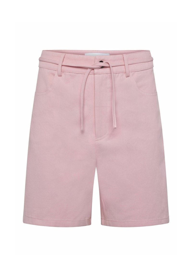 Ljusrosa bomullsshorts med dragsko i midjan, två framfickor och en jämn textur, med en enkel och minimalistisk design.