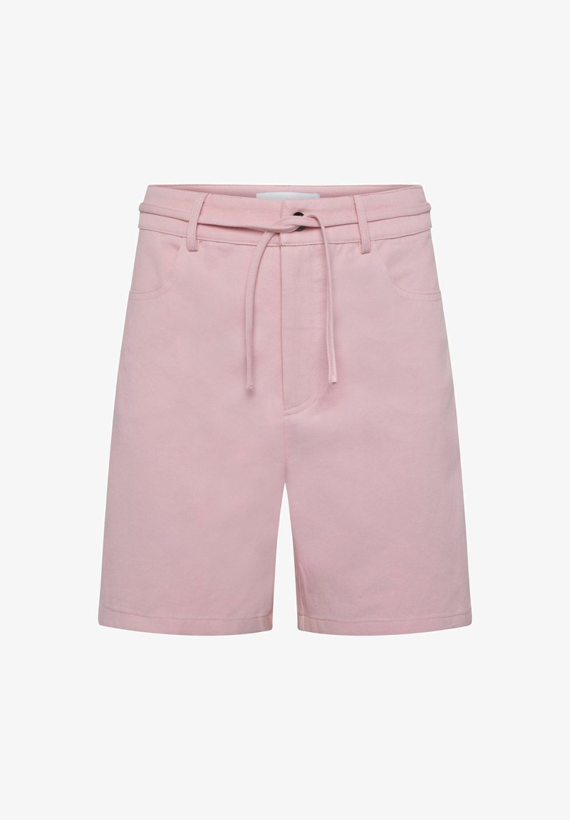 Šviesiai rožinės spalvos medvilniniai šortai su raišteliu juosmens srityje, dviem priekinėmis kišenėmis, lygia tekstūra ir paprastu, minimalistiniu dizainu.