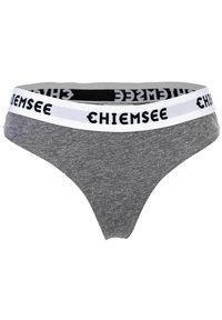 Grauer Baumwollthong mit weicher Textur, ausgestattet mit einem weißen elastischen Bund, der in Schwarz mit "CHIEMSEE" bedruckt ist.