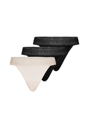 Three lace-trimmed women's thong underwear in beige and black, stacked with beige in front and two black pairs behind.