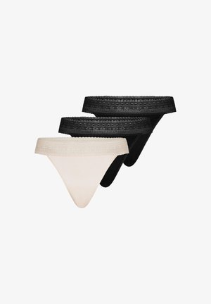 Three lace-trimmed women's thong underwear in beige and black, stacked with beige in front and two black pairs behind.