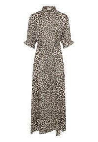 Maxikleid mit Leopardenmuster aus leichtem Stoff. Verfügt über einen Kragen, eine Knopfleiste, kurze Rüschensäume und einen Stoffgürtel in der Taille.