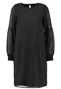 Schwarzes Kleid mit runder Halslinie, transparenten Puffärmel, gesmockten Bündchen und einem Schlüssel-Detail im Rücken, aus leichtem, fließendem Stoff.
