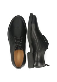 Scarpe da uomo in pelle nera con finitura liscia, punta tonda, design con lacci, suola robusta in gomma e cuciture decorative sui lati.