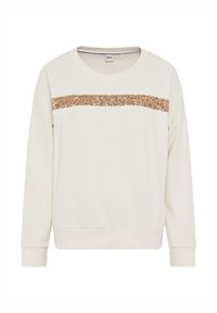 Creme farvet sweatshirt med lange ærmer, der har en vandret række af roseguld pailletter på brystet. Blødt stof med løs pasform og manchetter på ærmerne.