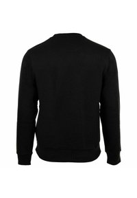 Schwarzes Langarm-Crewneck-Sweatshirt, von hinten gezeigt, mit gerippten Bündchen und Saum.