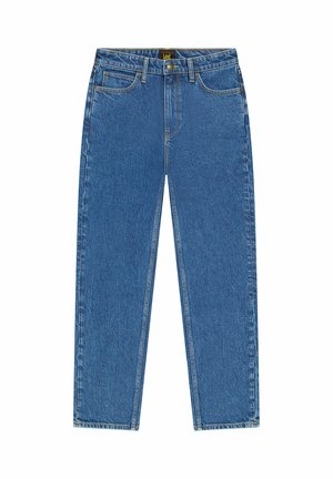 Jean en denim bleu coupe droite avec poches avant, passants pour ceinture, fermeture par bouton et étiquette de la marque Lee sur la ceinture.