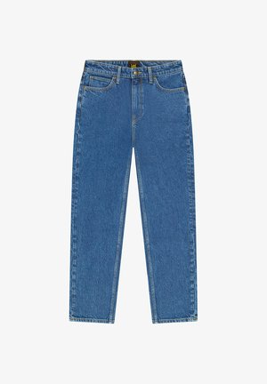Jean en denim bleu coupe droite avec poches avant, passants pour ceinture, fermeture par bouton et étiquette de la marque Lee sur la ceinture.