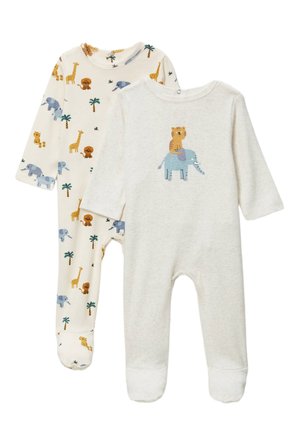 Deux grenouillères bébé à manches longues, une crème avec un imprimé éléphant et tigre, l'autre blanche avec des motifs d'animaux et de palmiers sur l'ensemble.