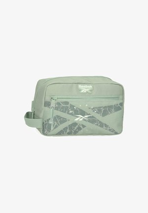 Bolsa de aseo Reebok de color verde claro con bolsillo delantero con cremallera, asa de tela y diseño del logo de la marca en el exterior de tela.