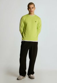 Felpa verde chiaro con colletto a girocollo e finiture bianche, dotata di un piccolo logo di farfalla gialla. Abbinata a pantaloni neri e sneaker grigie.