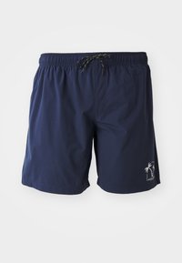 Marine badebukser laget av lett materiale, med elastisk midjebånd og snøring, samt et palmetrelogo i hvitt.