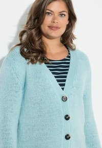 Světlomodrý pletený kardigan s výstřihem do V, obsahující čtyři tmavé knoflíky a žebrované manžety. N nošený přes námořnicky modrý a bílý pruhovaný top.